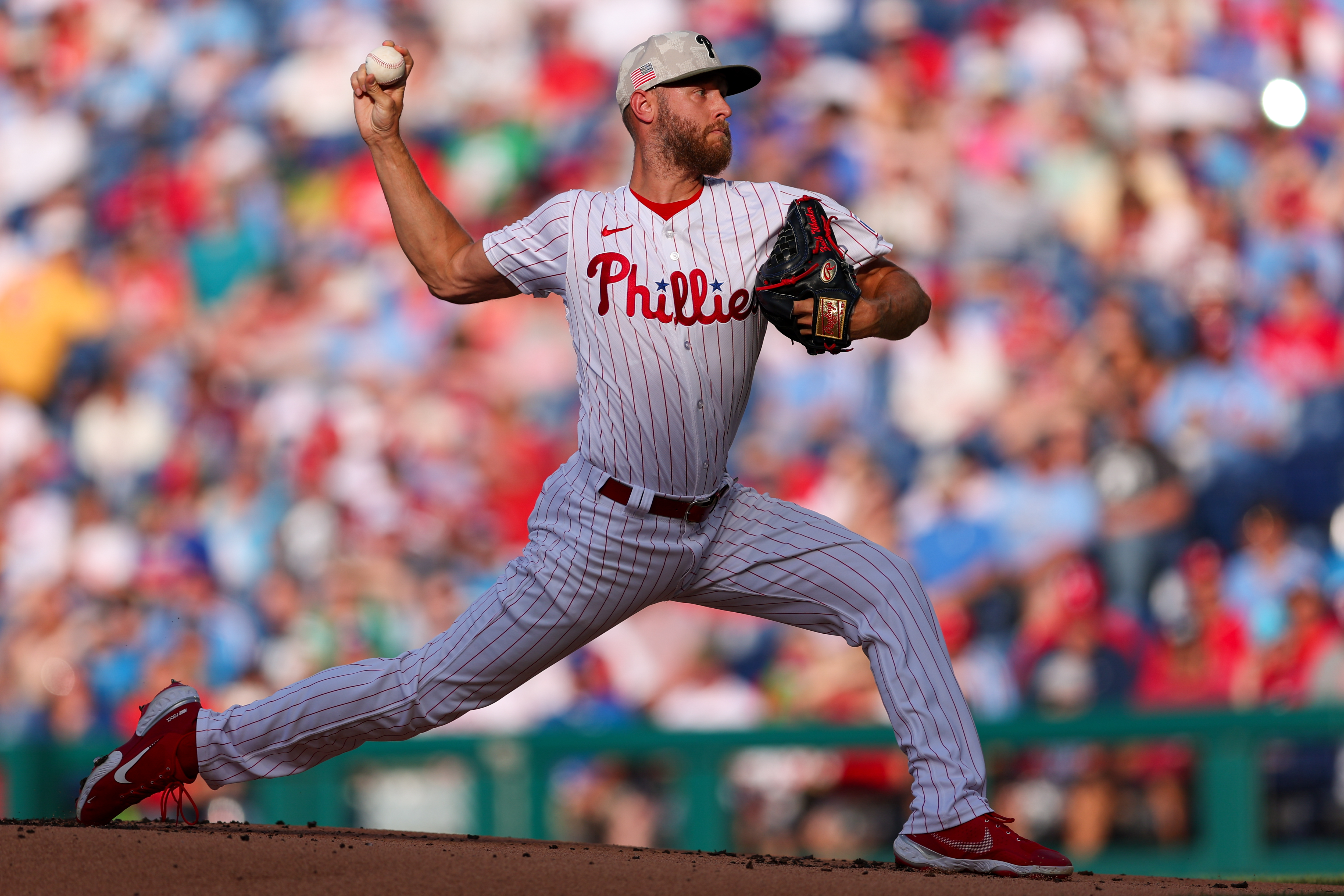 PHILADELPHIA, PENNSYLVANIA – MAY 17: Zack Wheeler #45 of the Philadelphia Phillies delivers a pitch against the Pittsburgh Pirates in the first inning at Citizens Bank Park on May 17, 2025 in Philadelphia, Pennsylvania. (Photo by Heather Barry/Getty Images)